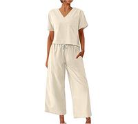 2 Piece Outfits Women Summer Tracksuits Short Sleeve V Neck Top Blouses and Wide Leg Pants Yoga Lounge Sets Linen Sets for Women 2 Piece Airport Outfits Trouser Suits Streetwear Holiday Clothes Beige