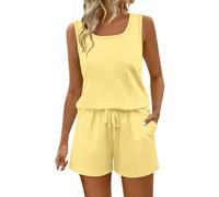 2 Piece Outfits Women Tracksuit Full Set Square Neck Vest Tops and Drawstring Elastic Waist Gym Shorts Two-Piece Set Streetwear Women's Plain Crop Tank Top and Tracksuit Bottoms with Pockets Yellow
