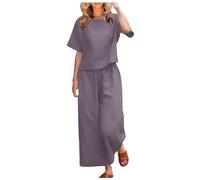 2 Piece Outfits Women Travel Airport Lounge Wear Set Ladies Summer Linen Sets Short Sleeve Round-Neck Tops & Loose Wide Leg Pants Co Ord Set Tracksuit Leisurewear(Purple,S)