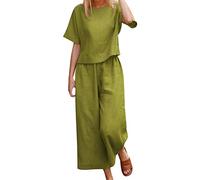 2 Piece Outfits Women Travel Airport Lounge Wear Set Ladies Summer Linen Sets Short Sleeve Round-Neck Tops & Loose Wide Leg Pants Co Ord Set Tracksuit Leisurewear(Mint Green,3XL)