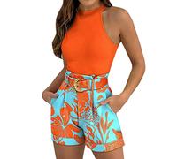 2 Piece Outfits Women with Belt, Summer Outfits for Women Vacation Outfits for Women, Sexy Outfits Women UK,Funky Beach Hawaiian Shirt and Shorts Set Lounge Wear Sets for Women