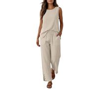 2 Piece Outfits Women Women's 2 Piece Co Ord Sets Linen Sleeveless Blouses Straight Wide Leg Trousers Airport Travel Outfits Trouser Suits for Older Ladies Loose Fit Lounge Wear Set Holiday Clothes