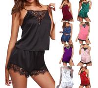 2 Piece Pajama Sets for Women V Neck Sleeveless Satin Lace Cami Tank Tops and Shorts Comfortable Soft Loungewear Outfit Co Ord Set Silky Lingerie Nightwear Sleepwear Homewear Black