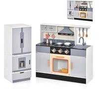 2-Piece Play Kitchen with Freestanding Refrigerator, Wooden Toy Set with Ice Maker, Sink, Range Hood with Light & Sound, Kids Playset for Toddlers, Gift for Boys Girls Age 3+