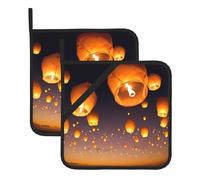 2-Piece Pot Holders Set,Chinese Flying Lanterns Print Heat Resistant Hot Pads with Pocket, Oven Mats for Baking Cooking & BBQ, Non-Slip Kitchen Trivets for Pans