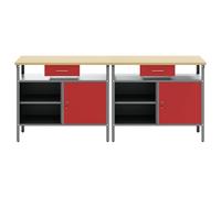 2 Piece Powder Coated Steel Workbench Set with Drawers, 200 x 55 x 85 cm, with Metal Shelves, Perforated Wall and Ample Storage Space for Workshop, Garage and Hobby Room