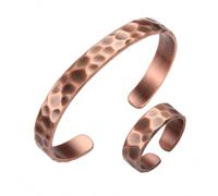 2-Piece Pure Copper Cuff Bracelet and Ring Set, Non-Magnetic Antique Finish | 99.99% Copper, Hammered Open Cuff Design, 18 Cm Bracelet, 29.6 G, Matching Ring For Everyday Unisex Styling