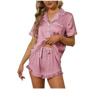 2 Piece Pyjamas Set for Women Silk Pyjama Button Down Short Sleeve Tops and Ruffle Shorts V Neck Solid Color Satin Pjs Set Loose Comfy Sleepwear Loungewear Two Piece Pj Sets Summer