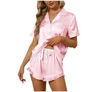 2 Piece Pyjamas Set for Women Silk Pyjama Button Down Short Sleeve Tops and Ruffle Shorts V Neck Solid Color Satin Pjs Set Loose Comfy Sleepwear Loungewear Two Piece Pj Sets Summer Pink