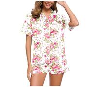 2 Piece Pyjamas Set Women Ladies Short Sleeve Bride Pyjama Sleep with Pocket Drawstring Leopard Print Button Down Classic Satin Sets Pjs, Red, XL