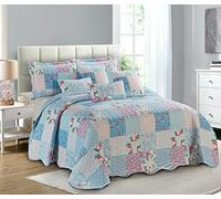 2 Piece Quilted Bedspread Printed Patchwork Comforter Bed Throw with Pillow Sham Bedding Set Floral Blue Single