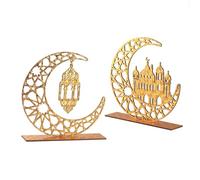2-Piece Ramadan Mubarak Wooden Table Decor Set - Eid Kareem Tabletop Signs with Hollow Star, Moon & Castle Design, Ramadan Decorations for Home & Party Centrepieces, Ramadan Mubarak Decorations