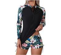 2 Piece Rash Guard Swimsuits for Women,Swimming Costume Set with High Waist Boyshorts Athletic Long Sleeve Sports Surfing Swimsuit Modest Swimwear Ladies Swimming Costumes Bathing Suit Soft Surf Suit