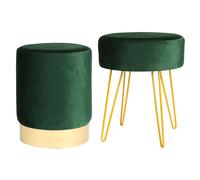 Harbour Housewares 2 Piece Round Velvet Footstools Set - Luxe Living Room Bedroom Dressing Table Accent Pouffe - Green