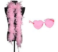 2 Piece Set Boa, Pink Feather Boa and a Pair of Lake Pink Heart-Shaped Glasses. The Feather Boa is Suitable for Women to Participate in Dance, Wedding Parties, and Role-Playing Outfits