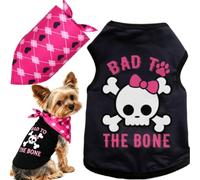 2-Piece Set Small Puppy Bad to The Bone Dog Shirt & Bandana Pet Cat Clothes Outfit M