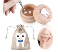 2 Piece Set Tooth Fairy Box, Tooth Fairy Bag, Baby Tooth Keepsake Box,Baby Tooth Storage Box, Wooden Tooth Fairy Box Kit To Keep The Childhood Memory For Tooth Loss Baby Birthday Gifts(Blue)
