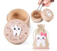 2 Piece Set Tooth Fairy Box, Tooth Fairy Bag, Baby Tooth Keepsake Box,Baby Tooth Storage Box, Wooden Tooth Fairy Box Kit To Keep The Childhood Memory For Tooth Loss Baby Birthday Gifts(Pink Bow)