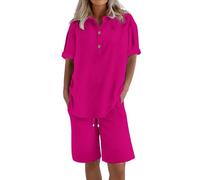 2 Piece Sets for Women, Co Ord Sets for Women Cotton Linen Set 2 Piece Outfits Short Sleeve Button Down Henley Top Wide Leg Shorts Set Oversized Tracksuits Plain Elegant Travel Loungewear Hot Pink