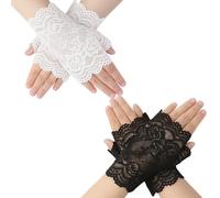 2-Piece Short Lace Gloves for Women Gothic Steampunk Halloween Fingerless Gloves, Floral Lace 80s Design For Wedding, Tea Party, Opera & Dinner, Black White