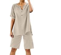 2 Piece Short Set Women Outfit Cotton Linen Pants Sets Summer Oversized Long Sleeve Button Shirt Outfits Comfy Suit Beige 5X-Large