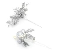 2 Piece Silver Glitter Christmas Flower Spray Pick | Artificial Holly Stems Christmas Decoration | Xmas Floral Spray Flower Pick