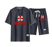 2 Piece Sportswear Men's Short Sleeve Shorts Set Resident Evil Umbrella Printed Summer T-Shirt Casual Suit Set Round Neck T-Shirt Casual Jogging Suit, Gray-M