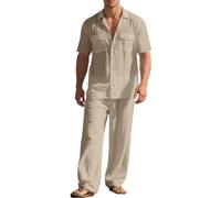 2-Piece Summer Cotton Linen Sets, Men 2 Piece Set, Longsleeve Buttondown Shirt with Loose Fit Wide Leg Pants Lightweight Beach Suit for Summer Vacations