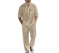 2-Piece Summer Cotton Linen Sets, Men's Summer Sets, Longsleeve Buttondown Shirt & Loosefit Wide Leg Pants Casual Beachwear for Summer Vacations