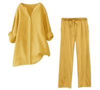 2 Piece Summer Outfits for Women Plus Size Cotton Linen Sets V Neck Button Down Blouse Oversized T Shirts Plain Long Sleeve Tops & Casual Pants Loose Wide Leg Trousers