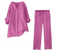 2 Piece Summer Outfits for Women Plus Size Cotton Linen Sets V Neck Button Down Blouse Oversized T Shirts Plain Long Sleeve Tops & Casual Pants Loose Wide Leg Trousers