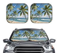 2-Piece Sun Shade Front Windshield Sun Visor Protector Green Palm Trees Ocean Windshield Sun Shade Foldable Car Front Window Sunshades for Most Sedans SUV Van Truck Auto Accessories M