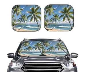 2-Piece Sun Shade Front Windshield Sun Visor Protector Green Palm Trees Ocean Windshield Sun Shade Foldable Car Front Window Sunshades for Most Sedans SUV Van Truck Auto Accessories M