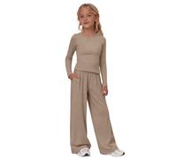 2 Piece Sweatsuit Set for Girls Trendy Travel Outfits Cute Gym Workout Causal Long Sleeve Trousers Set Comfy Vacation Outfit Fashion Solid Soft Cozy Comfort Yoga Clothes (Khaki, 5-6 Years)
