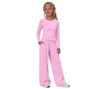 2 Piece Sweatsuit Set for Girls Trendy Travel Outfits Cute Gym Workout Causal Long Sleeve Trousers Set Comfy Vacation Outfit Fashion Solid Soft Cozy Comfort Yoga Clothes (Pink, 8-9 Years)