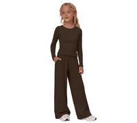 2 Piece Sweatsuit Set for Girls Trendy Travel Outfits Cute Gym Workout Causal Long Sleeve Trousers Set Comfy Vacation Outfit Fashion Solid Soft Cozy Comfort Yoga Clothes (Brown, 13-14 Years)