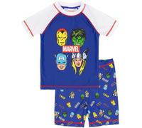 Marvel Swimsuit for Boys | Kids Blue Superheroes Hulk Iron Man Captain America Thor Beach Two-Piece Top Shorts Bathing Suit Swim Set Comics Swimwear