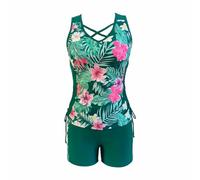 2 Piece Tankini Swimsuit for Women Tummy Control Swimming Costume High Waist Modest Swimwear Boyleg Cross Push up Padded Floral Rash Vest Bikini Top with Boyshorts Surf Beachwear Bathing Suit
