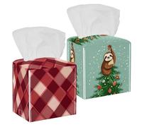 2 Piece Tissue Box Cover Square Cute Funny Sloth on Christmas Tree Decorative PU Leather Tissue Cube Cover, Waterproof Paper Box Holder with Bottom Belt, 5"L X 5"W X 5"H