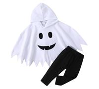 2 Piece Toddler Girls Boys Halloween Costume Set Baby Unisex Halloween Ghost Outfits Cape Cloaks Ghost Print Cloak Hoodies+Long Pants Party Cosplay Costume Sets White