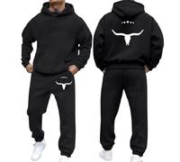 2 Piece Tracksuits for Men UK Fleece Ox Printed Hoodie and Soft Jodding Sweatpants Autumn and Winter Warmth Sweatsuits Comfy Hoody and Trousers Sets Oversized Mens' Lounge Outfits Black