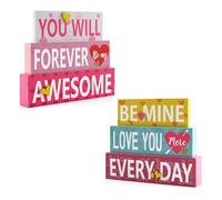 2-Piece Valentine's Day Wooden Sign Set-You Will Forever Be My Awesome & Be Mine Love You More Every Day Wood Tabletop Decor for Mantel, Desk, Shelf or Tiered Tray, Romantic Gift for Her