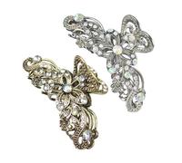 2-Piece Vintage Flower Hair Grips - Ladies Retro Rhinestone Anti-Slip Clips (Gold, Silver)