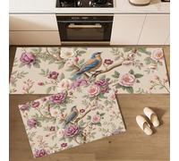 2 Piece Waterproof Pink Kitchen Mat Sets, Anti Fatigue Non Slip Flowers Birds Tree Branches Kitchen Rugs Runner Set, Washable Eastern Style Illustration Floor Mat for Home Decoration 50x80cm+50x150cm