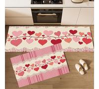 2 Piece Waterproof Pink Kitchen Mat Sets, Anti Fatigue Non Slip Heart-Shaped With Rose Trim Kitchen Rugs Runner Set, Washable Watercolor Romance Floor Mat for Home Decoration Office 50x80cm+50x150cm