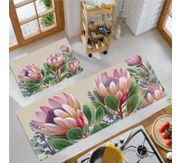 2 Piece Waterproof Pink Kitchen Mat Sets, Anti Fatigue Non Slip King Protea Branches Leaves Kitchen Rugs Runner Set, Washable Plants Illustrations Floor Mat for Home Decoration Office 50x80cm+50x150cm