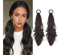 2-Piece Wavy Ponytail, 45 cm Micro Curl Ponytail Hairpiece | Ponytail Extension, Wavy Ponytail Hairpiece, Braid Extension with Elastic Bands for Everyday Looks, Brownish Black