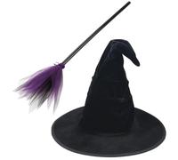 2-Piece Witch Costume Set, Purple Broomstick and Black Hat, Halloween Witches Broom with Pointed Hat, Witchcraft Party Supplies, Cosplay Accessories for Adults and Kids