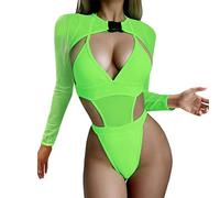 2 Piece Women Rave Outfits Neon Bodysuit Crop Top Long Sleeve Mesh With Buckle For Festival Club Party Valentines Boxers Men Set (Green, M)