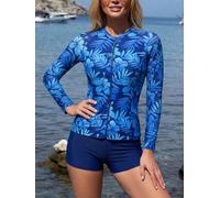 2 Piece Womens Athletic Swimsuit, Long Sleeve Tropical Print Swim Shirt Top with Shorts Bottom, Zip Front Surf Swimwear